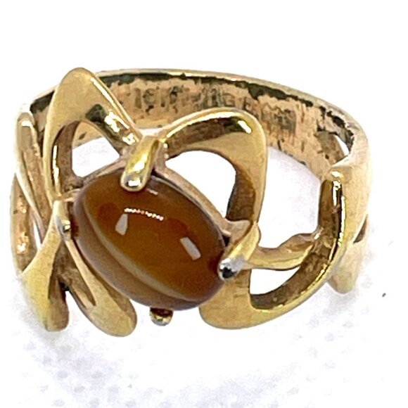 Tiger Eye VTG Art Nouveau 18KT HGE Gold Plate Ring Abstract MCM Retro Size 6.25 - Picture 6 of 11